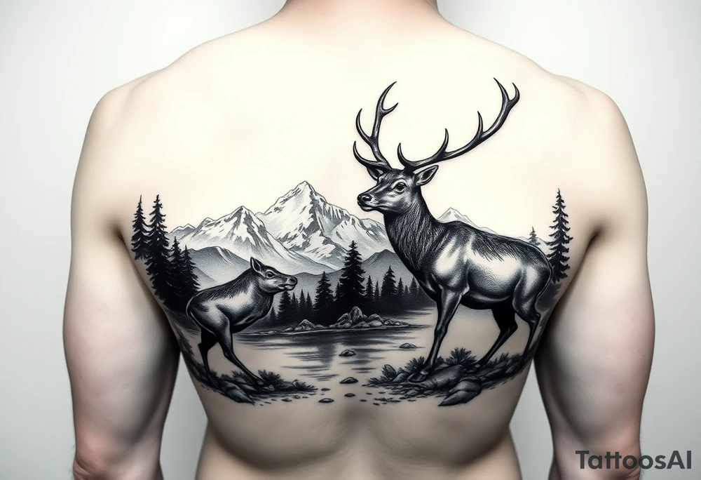 Quarter sleeve Black and grey realism Nature scene with two stags fighting in the foreground include mountains water and trees tattoo idea