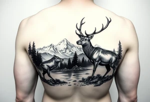 Quarter sleeve Black and grey realism Nature scene with two stags fighting in the foreground include mountains water and trees tattoo idea