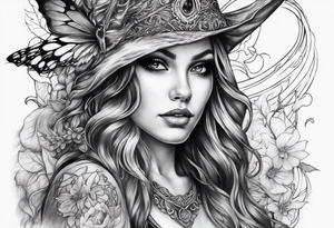 A fairy/witch with a Lot of collors, make It look mystic and really colorful and realistic tattoo idea