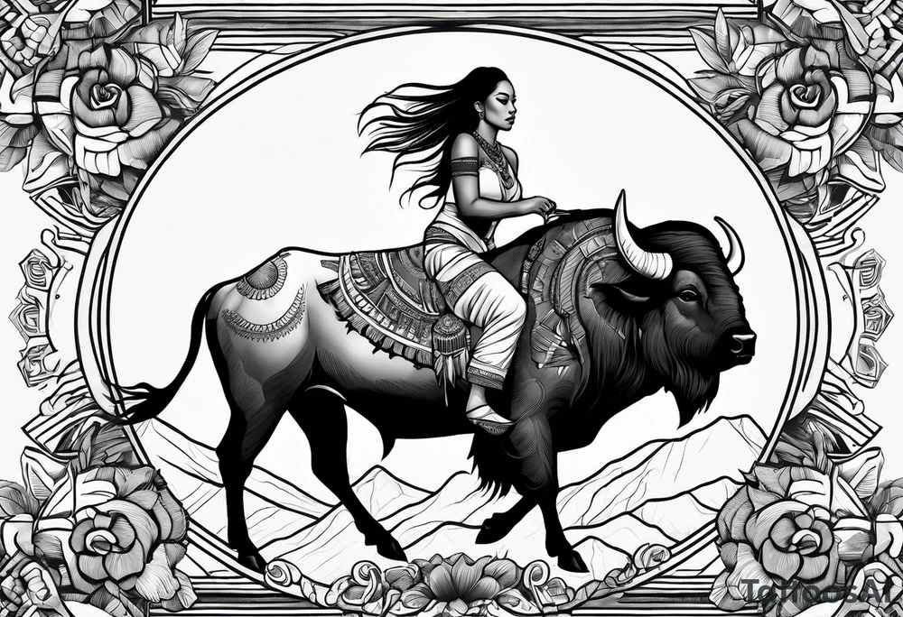 native woman riding buffalo tattoo idea