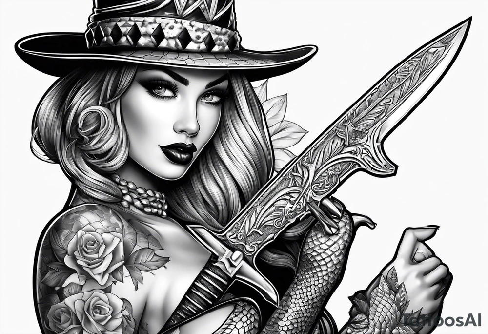 Dagger with an alligator and topless pinup girl tattoo idea