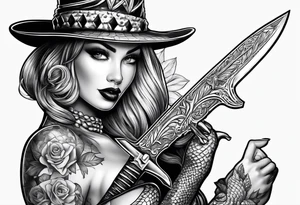 Dagger with an alligator and topless pinup girl tattoo idea