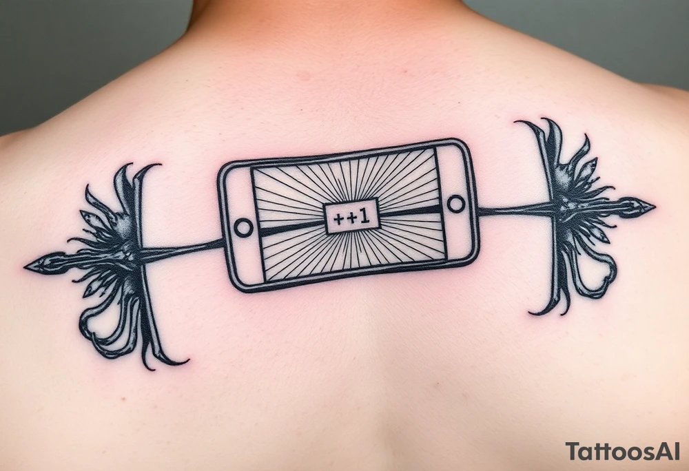 "Recursive iPhone tattoo: screen shows another screen with [•] at the end. Black ink, optical illusion style, 6cm width." tattoo idea