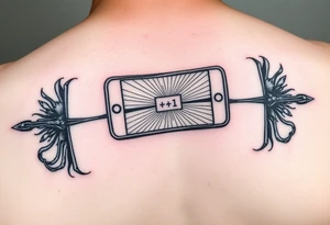 "Recursive iPhone tattoo: screen shows another screen with [•] at the end. Black ink, optical illusion style, 6cm width." tattoo idea