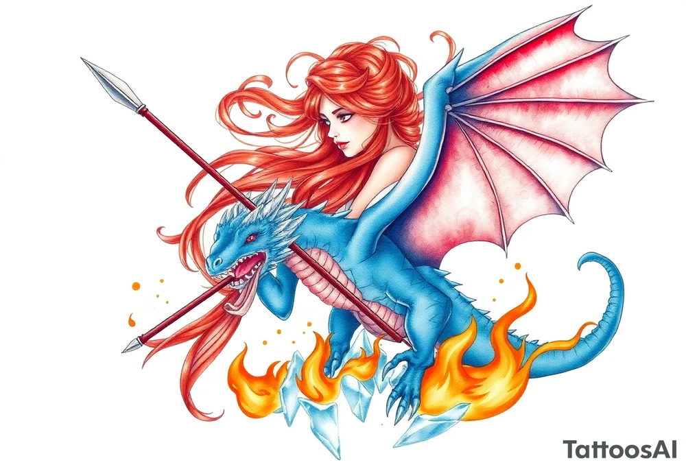 Redheaded girl with a spear through a blue dragon who is breathing fire with wings spread and flying over ice and flames tattoo idea