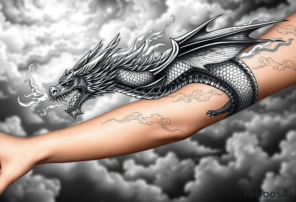 fierce dragon breathing iridescent fire against stormy skies tattoo idea
