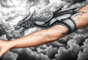 fierce dragon breathing iridescent fire against stormy skies tattoo idea