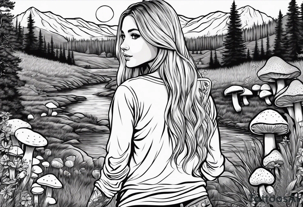 Whole picture encircled fully

Straight long blonde hair hippie girl in distance holding mushrooms in hand facing away toward mountains and creek surrounded by mushrooms long sleeve shirt and hiking pants; whole rendering within a full circle, no cut off circle tattoo idea
