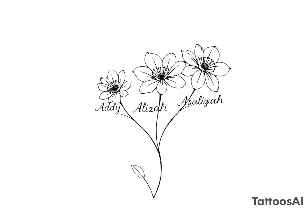 mother of 3 girls flowers names in stem of flower Addy, Alizah, Aaliyah tattoo idea
