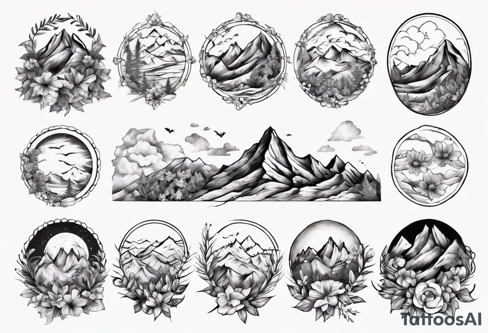 moutains and floral sleave tattoo idea