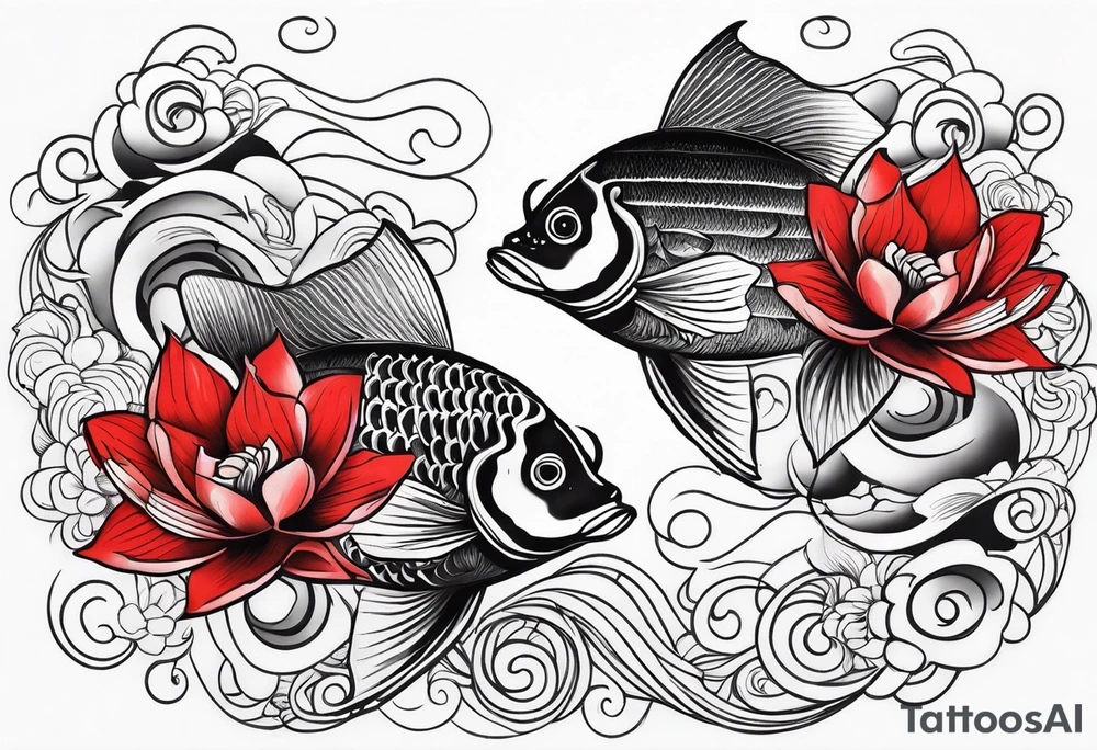 twin coi fish one red one black with waves and lotus flowers tattoo idea