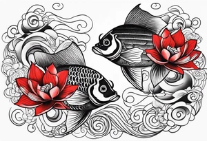 twin coi fish one red one black with waves and lotus flowers tattoo idea