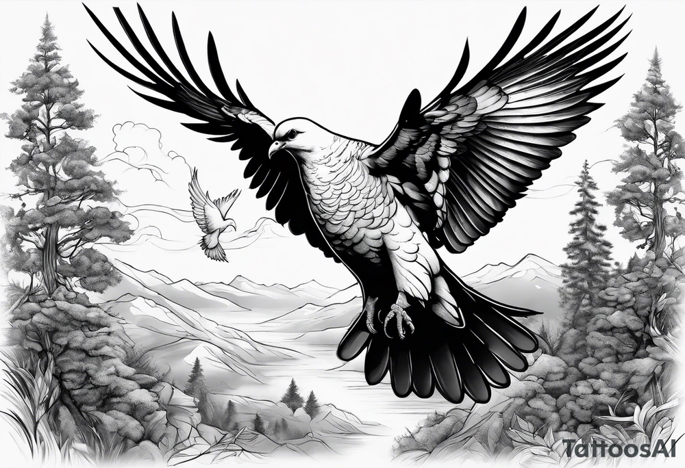 Dove sitting on a branch in the distance with an eagle flying tattoo idea Dove sitting on a branch in the distance with an eagle flying tattoo idea