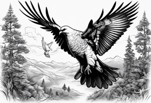 Dove sitting on a branch in the distance with an eagle flying tattoo idea
