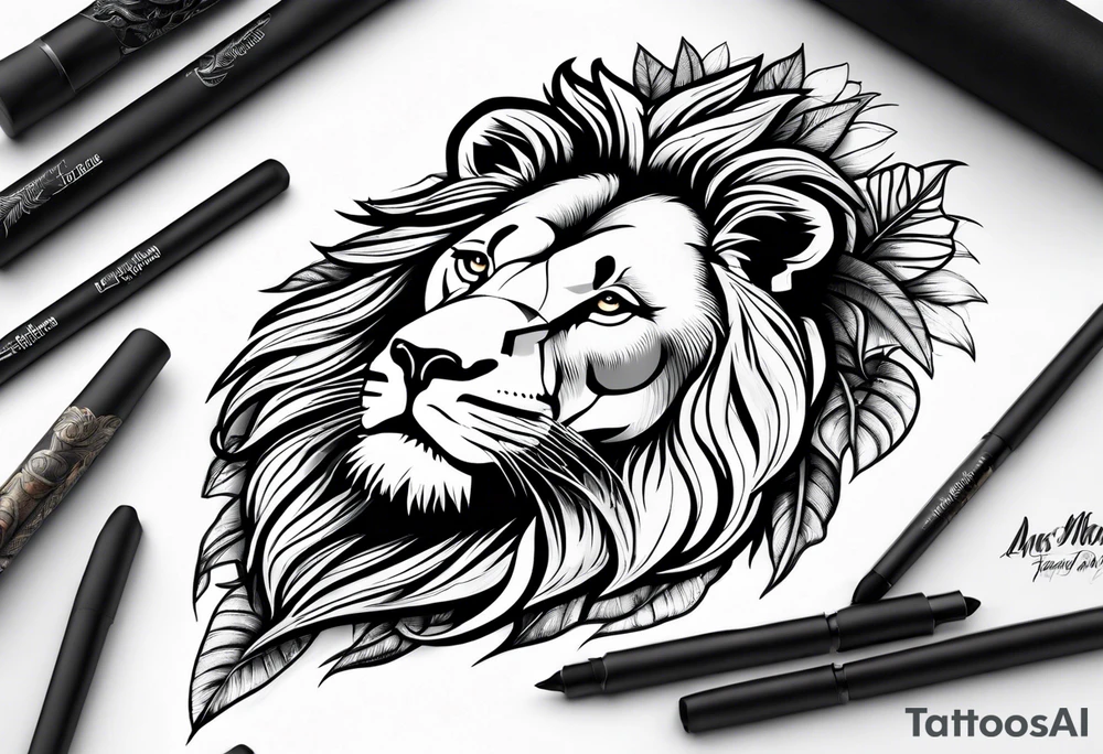 Lion in jungle with kids names tattoo idea
