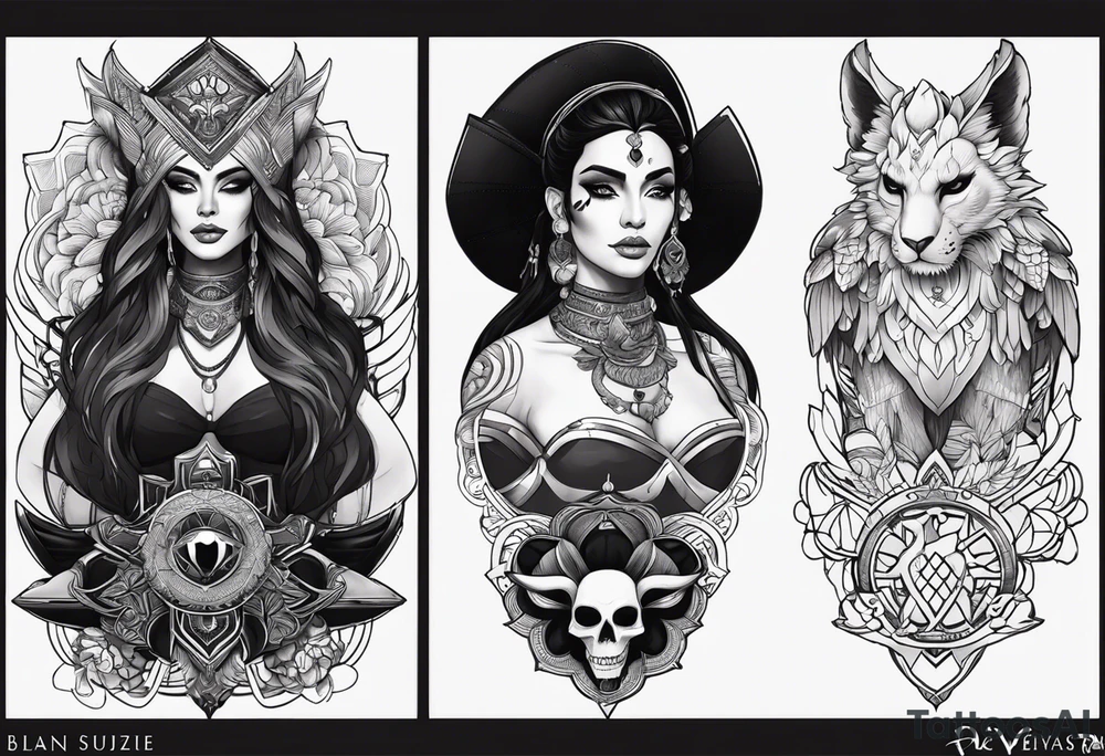 kali ma, alien goddess, valkrye, aries, pirate, divine feminine, zenza resonance, pachamama, lotus azul, blank panther, eagle, skull, 5D, nueva gaya, dna 12, left side chest tatoo tattoo idea