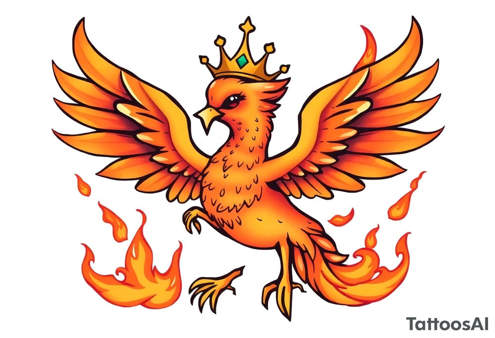 cute cartoon Phoenix with crown, surrounded by flames tattoo idea