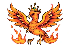 cute cartoon Phoenix with crown, surrounded by flames tattoo idea
