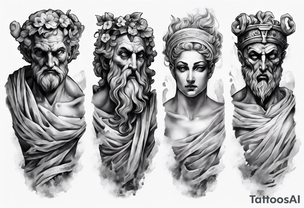 GREEK EVIL STATUES 
ARM SLEEVE 
REALISTIC tattoo idea