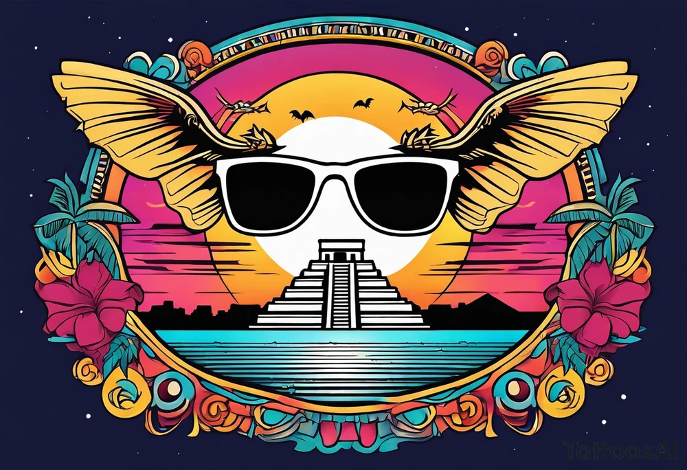 Colorful Mayan hieroglyph with sunglasses reflecting Chichen itza. Bats and waves in background tattoo idea