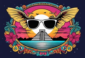 Colorful Mayan hieroglyph with sunglasses reflecting Chichen itza. Bats and waves in background tattoo idea