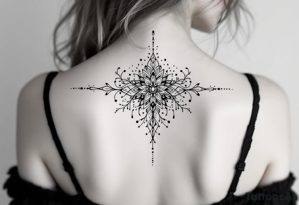 Minimalist style tattoo with oranental design with symbolism and dot work , full back work tattoo idea