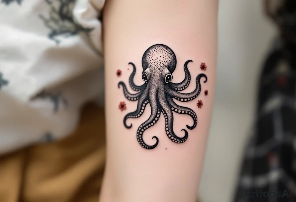 A small realistic black and grey tattoo of an octopus, cute, with detailed shading and soft linework, showing the octopus with swirling tentacles, on light skin. ornamental flowers around with red ink. The style is minimalistic and elegant, resembling fine-line tattoo with a shadow tattoo idea