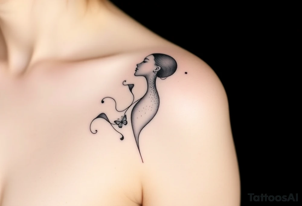 Black and gray tattoo design in fine line and soft shading style, depicting an abstract female silhouette in profile, elegant and poetic. From her chest, fluid and smoke-like shapes flow outward, symbolizing emotional healing, self-acceptance, and breathing oneself back to life. The design should feel ethereal and dreamlike, with delicate dots, subtle gradients, and graceful movement. No flowers, no butterflies, no geometric patterns. The composition should be around 7–8 cm in proportion, suitable for an arm placement, with a clean and feminine aesthetic but full of emotion and symbolism. tattoo idea