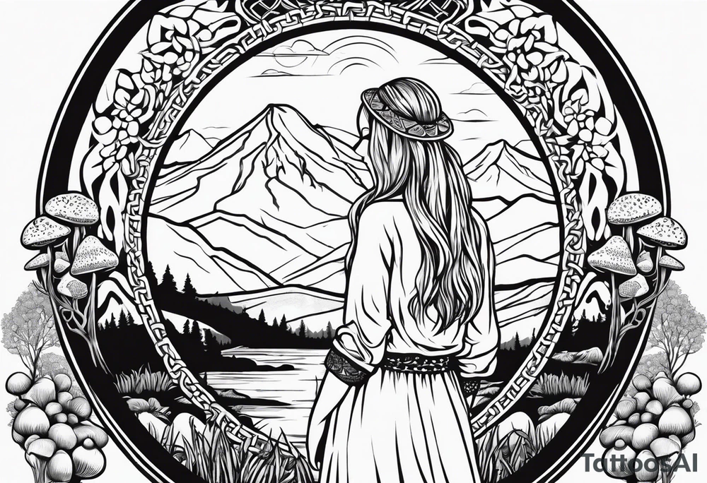Whole picture encircled fully

Straight long blonde hair hippie girl in distance holding mushrooms in hand facing away toward mountains and creek surrounded by mushrooms long sleeve shirt and hiking pants; whole rendering within a full celtic circle border, no cut off circle tattoo idea