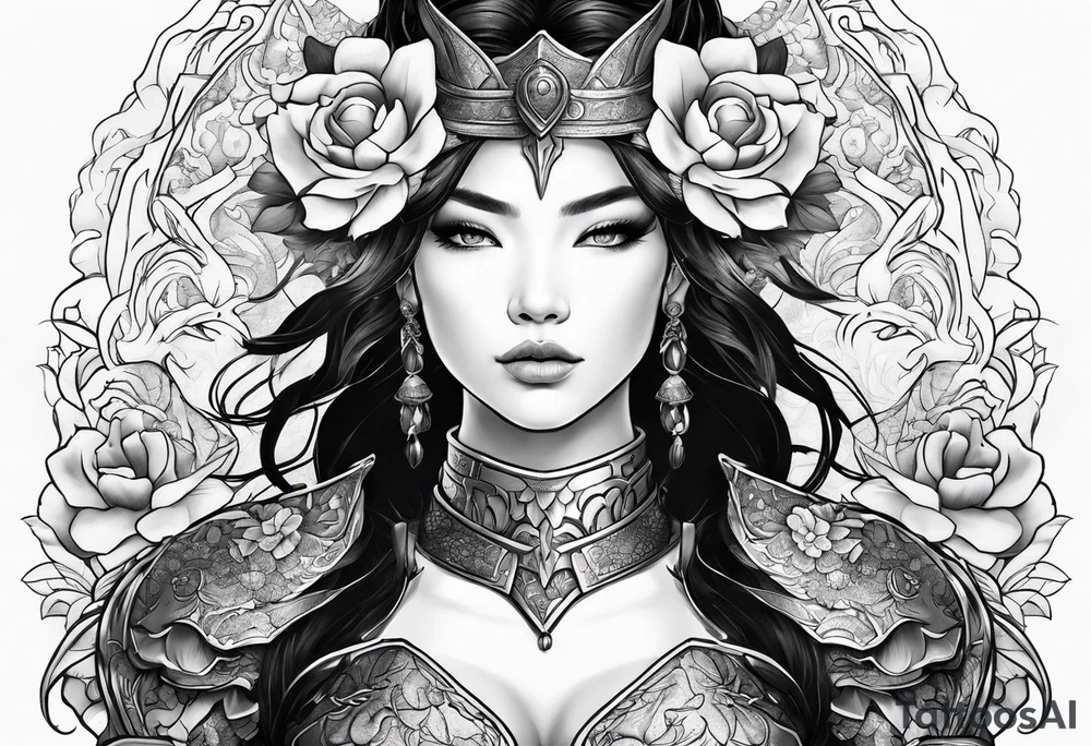 beautiful warrior woman wearing dragon armor and a floral background tattoo idea