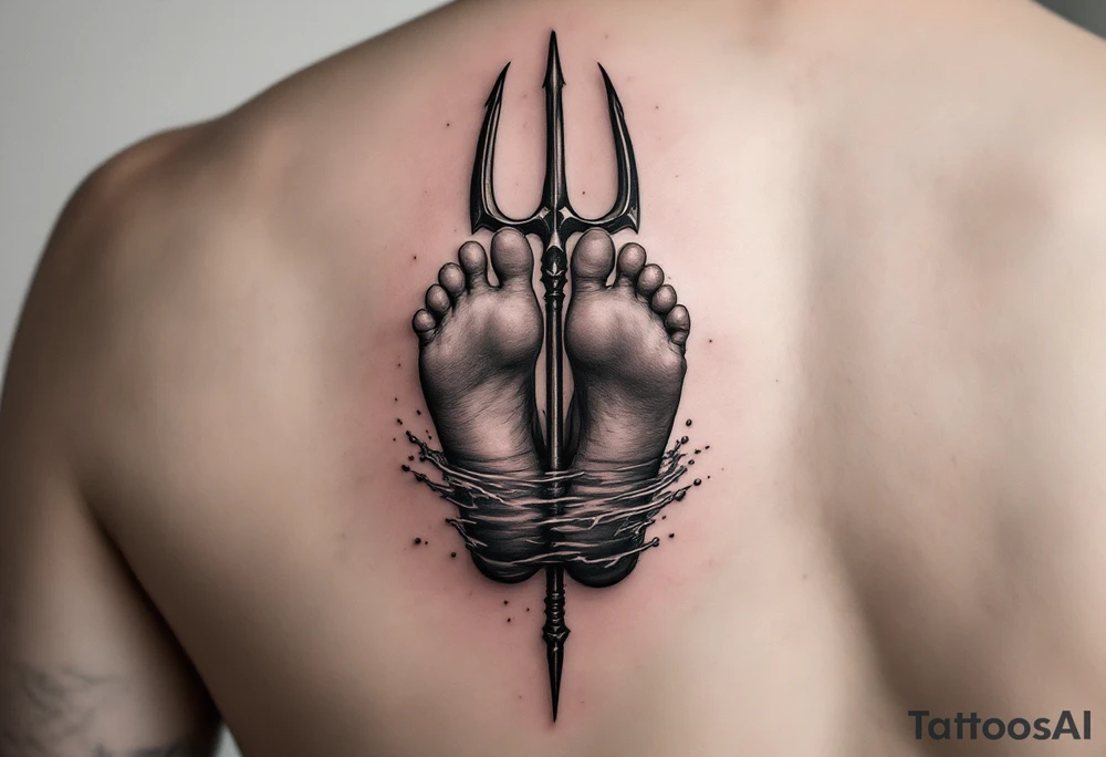 barefeet behind trident with water tattoo idea