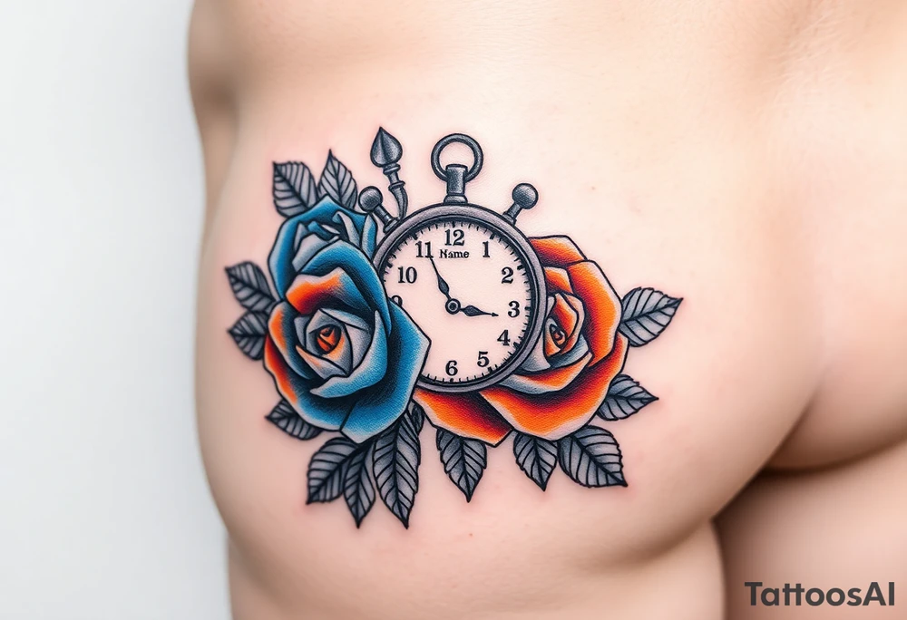 2 Blue and orange roses with a clock and name placeholder on the thigh tattoo idea