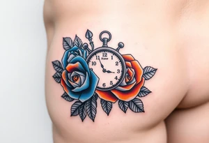 2 Blue and orange roses with a clock and name placeholder on the thigh tattoo idea