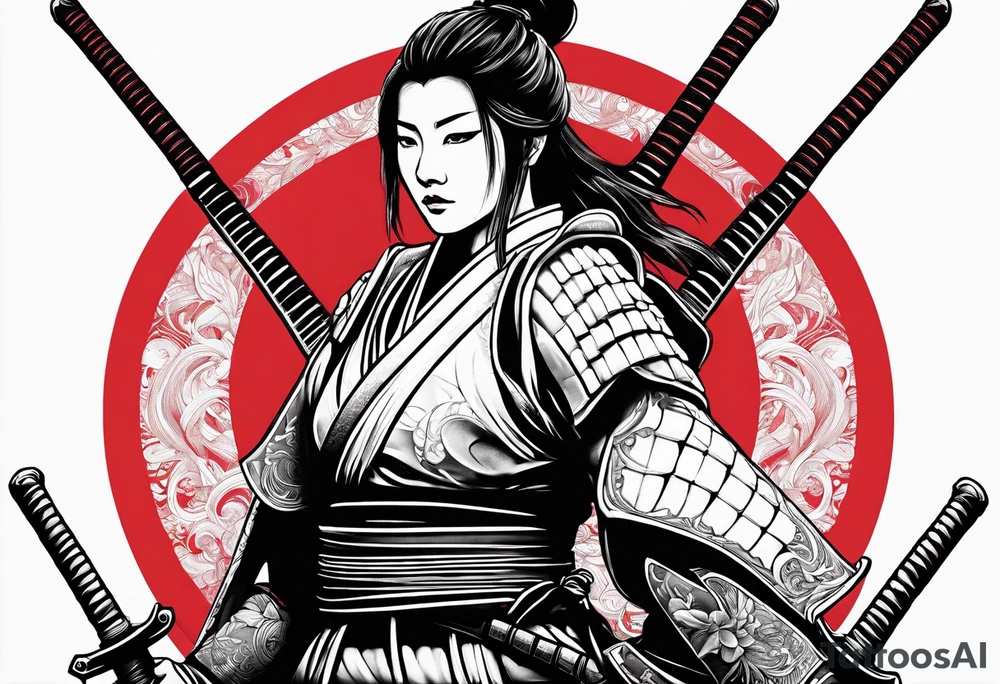 3 female samurai in body armor wielding swords back facing, in front of a red incomplete circle tattoo idea