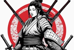 3 female samurai in body armor wielding swords back facing, in front of a red incomplete circle tattoo idea