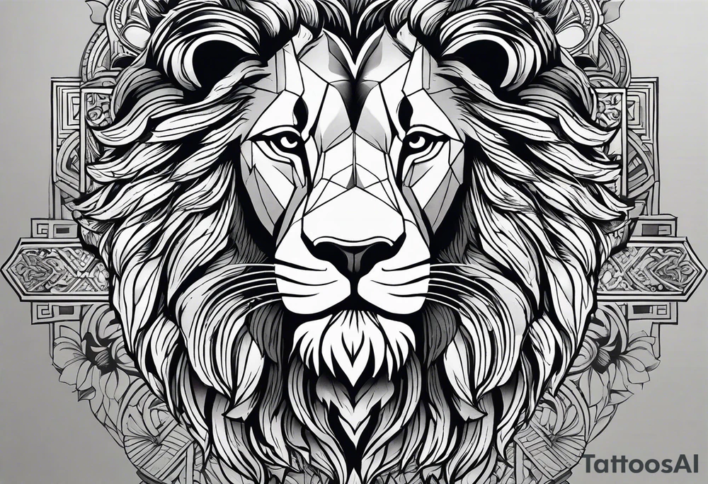 A full tattoo sleeve designed with a strong, masculine aesthetic, featuring a powerful lion as the centerpiece. The lion, symbolizing strength, courage, and leadership, is depicted with intricate detail and dynamic shading, capturing its fierce expression and majestic mane. Surrounding the lion, incorporate geometric patterns that add structure and contrast to the design. These patterns are bold and angular, creating a sense of order and symmetry that complements the natural form of the lion. The geometric elements are woven around the lion, emphasizing its central position while providing a modern, edgy backdrop. The shading throughout the sleeve is deep and dramatic, enhancing the contrast between the organic features of the lion and the precise lines of the geometric patterns. The overall design is bold, intense, and visually striking, combining the raw power of the lion with the clean, ordered aesthetic of geometric patterns for a cohesive and masculine tattoo sleeve. tattoo idea