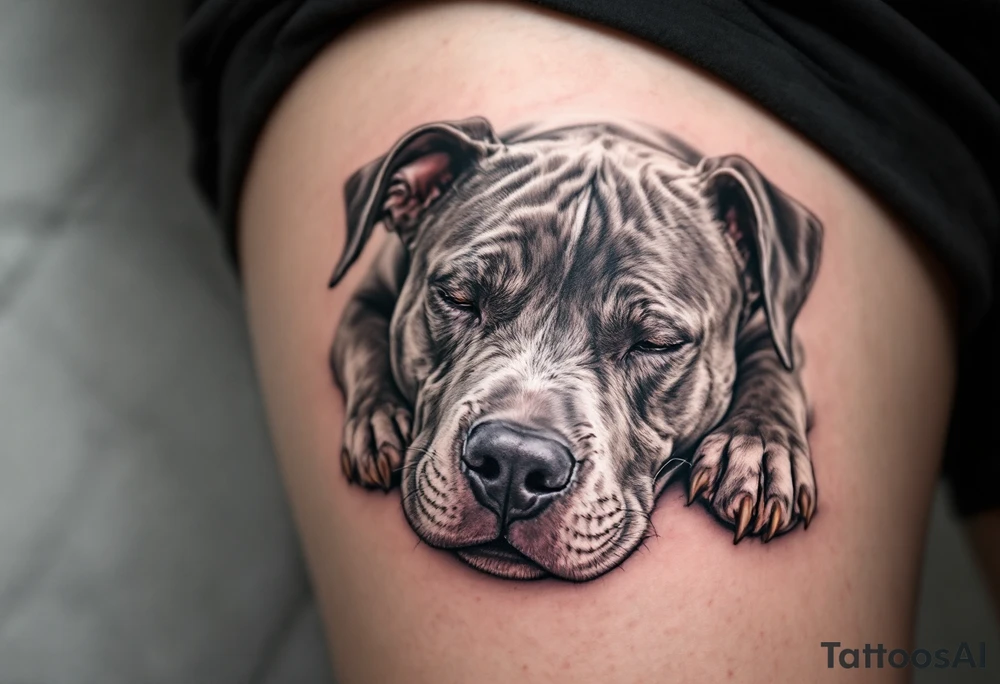 Blue-gray pitbull laying down peacefully, with detailed eyes and smooth muscle lines, in a soft realism style. tattoo idea