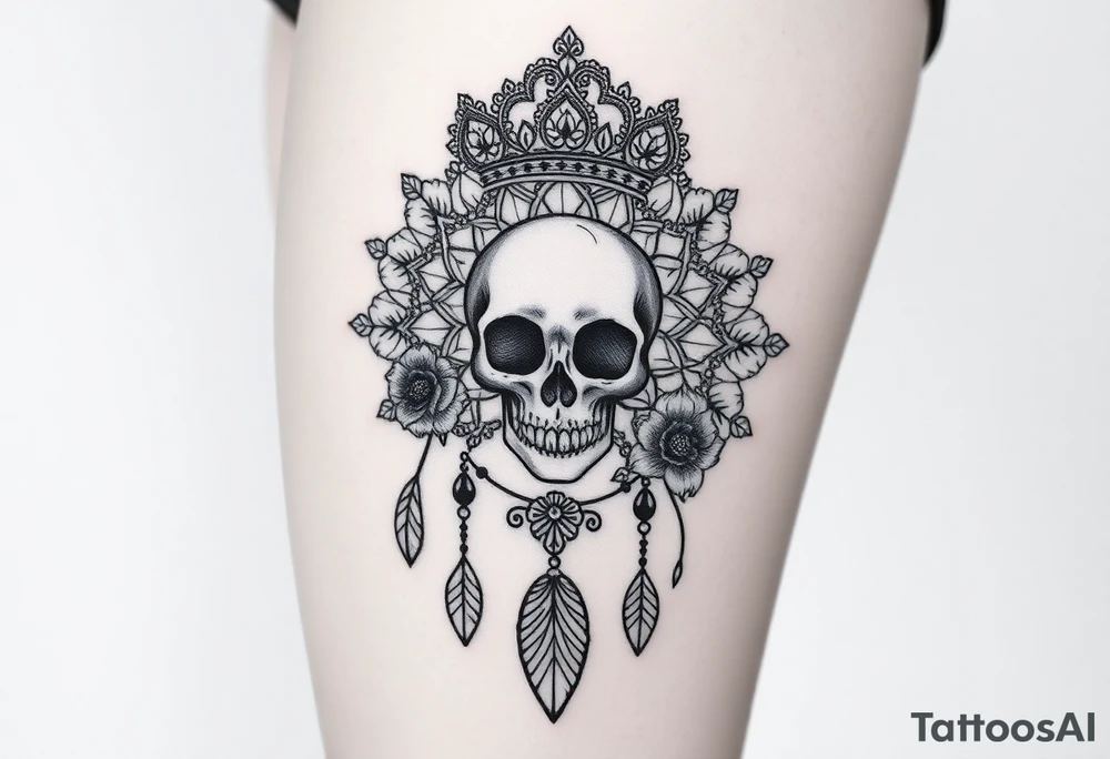 Mandala dream catcher lace with delicate skull and flowers wearing elegant crown tattoo idea