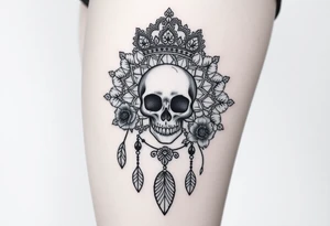 Mandala dream catcher lace with delicate skull and flowers wearing elegant crown tattoo idea