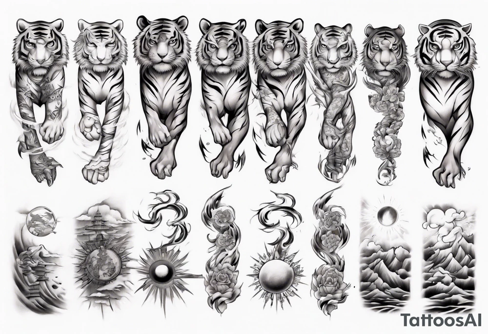 Tiger sleeve tattoo with lightning and the sun tattoo idea
