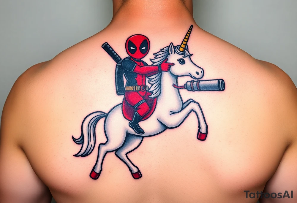 Deadpool riding unicorn pointing rocket propelled grenade launcher tattoo idea