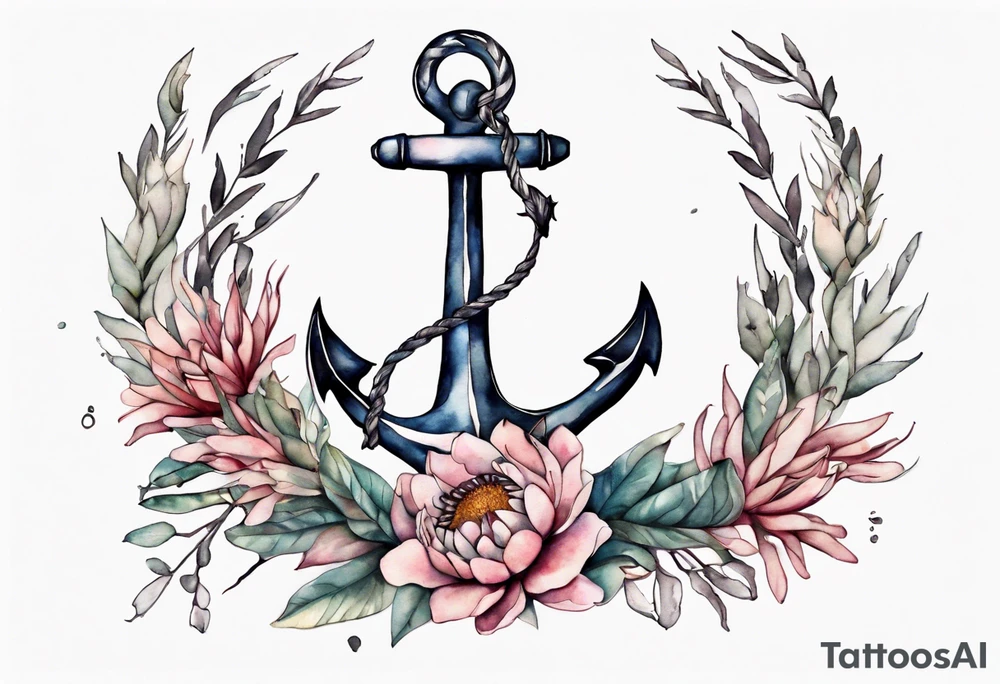 Very feminine tattoo of an anchor surrounded by 
protea flowers and the verse: God is within her, she will not fall. tattoo idea