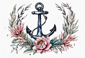 Very feminine tattoo of an anchor surrounded by 
protea flowers and the verse: God is within her, she will not fall. tattoo idea