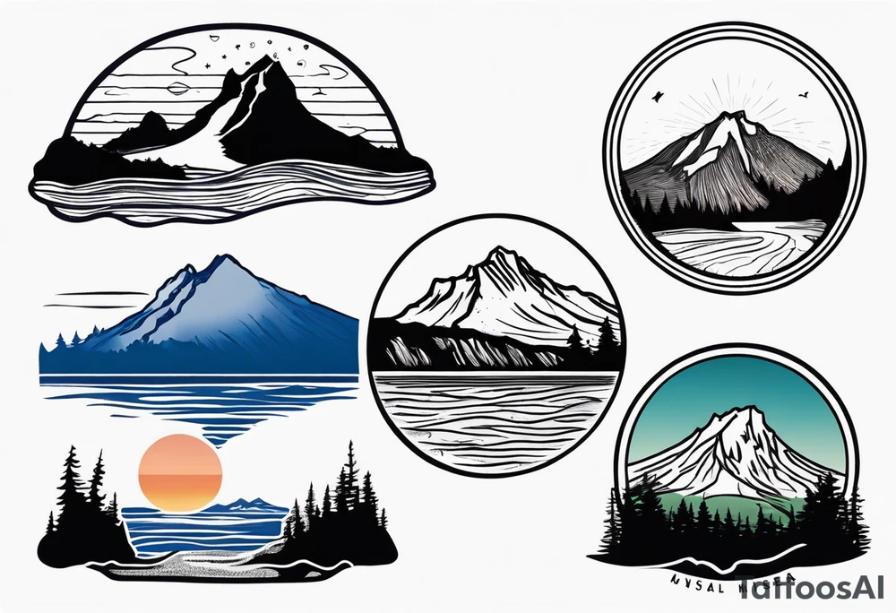 NSEW with haystack rock in the top left, mount hood in the top right, alsea falls in the bottom left, crater lake in the bottom right tattoo idea