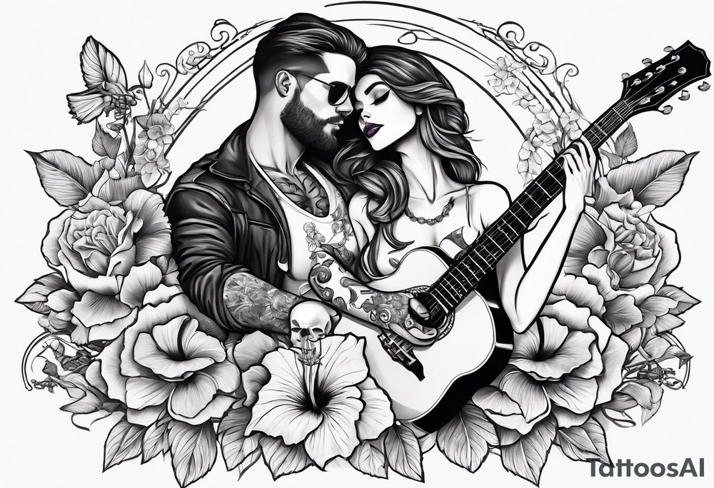 a female skeleton holding a hibiscus flower and a male skeleton playing a guitar. tattoo idea
