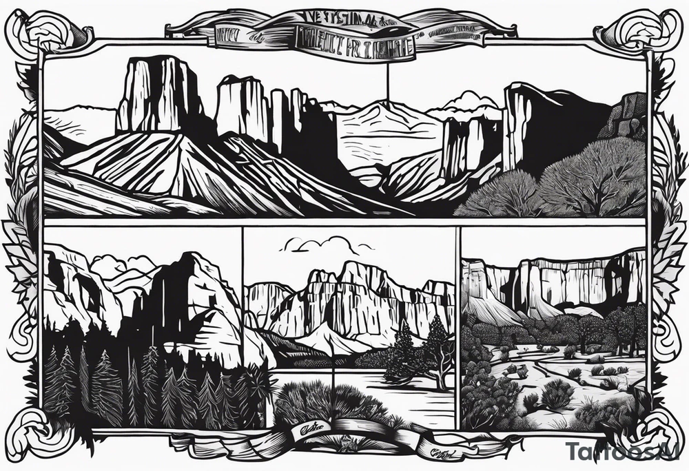 incorporate landmarks of Yosemite National Park, Bryce Canyon, Zion National Park, Joshua Tree National Park, Smokey Mountains and the Blueridge Mountains into one image. tattoo idea