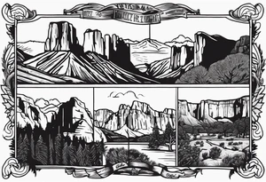 incorporate landmarks of Yosemite National Park, Bryce Canyon, Zion National Park, Joshua Tree National Park, Smokey Mountains and the Blueridge Mountains into one image. tattoo idea