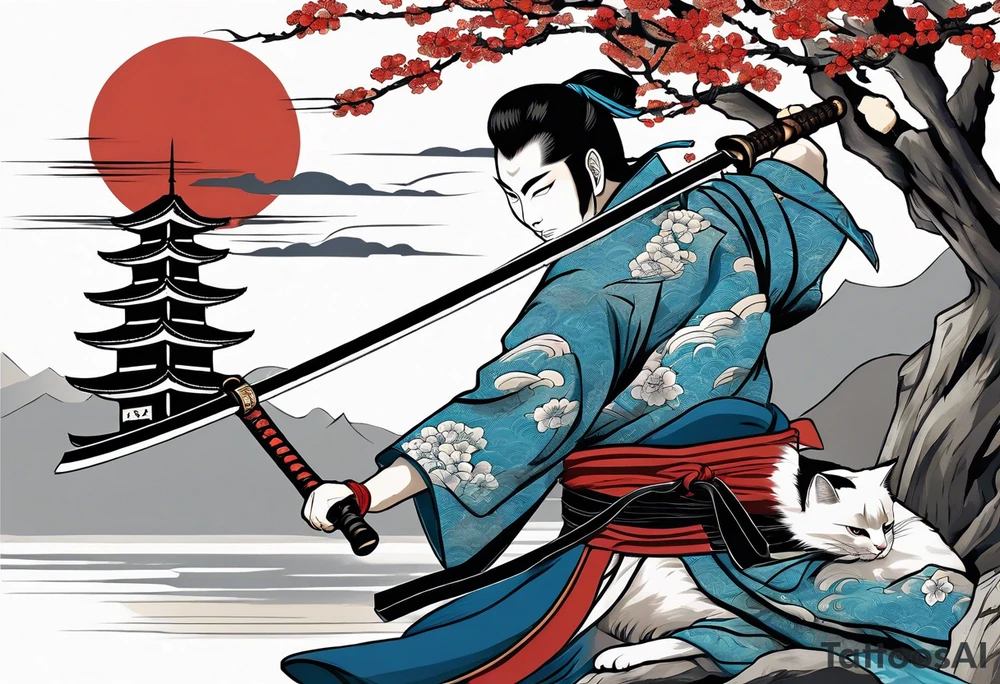 A siamese samurai cat slashing his enemy tattoo idea