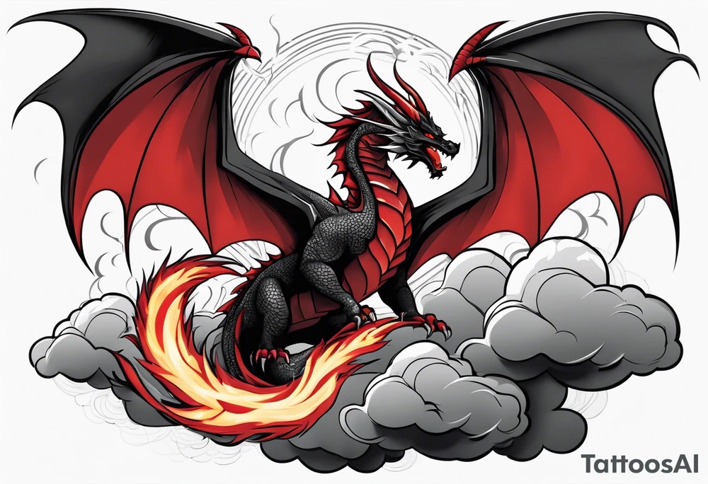 A red dragon emerging from the gray and black layered clouds in a sky where lightning flashes tattoo idea