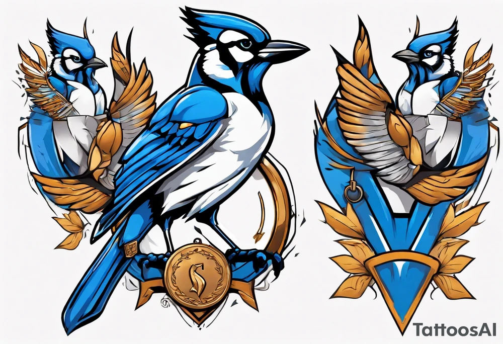 bluejay in a suit with a single medal tattoo idea